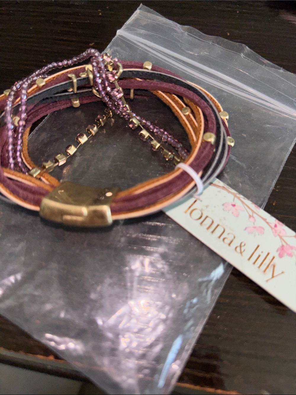 lonna & lilly Purple and Tan Layered Wrap Bracelet with Gold Accents